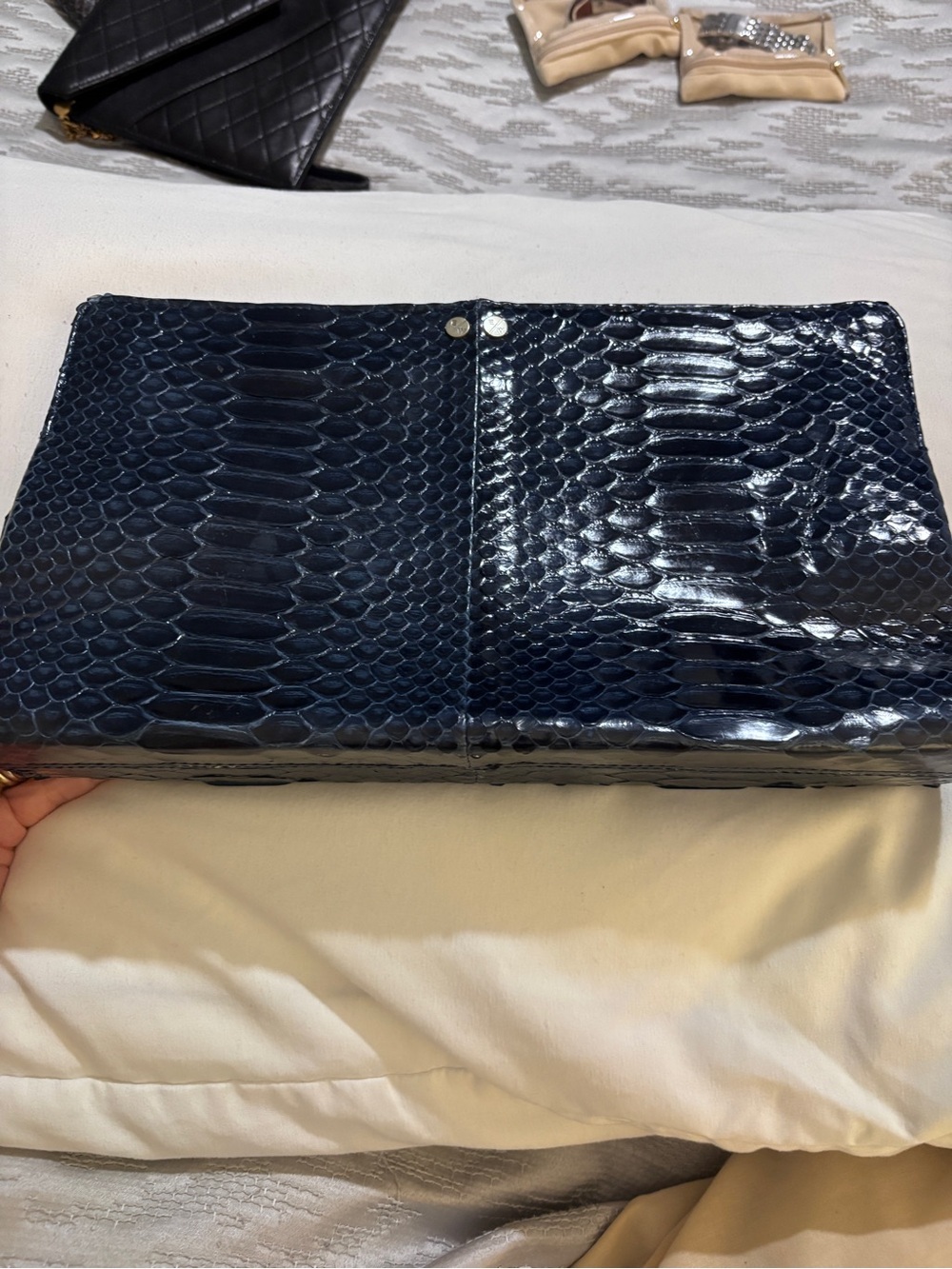 Patent Navy Python-Embossed Clutch